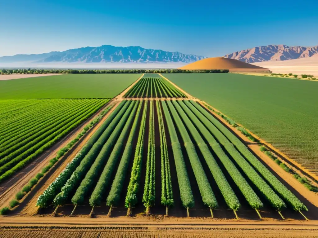 Una granja orgánica próspera en un paisaje árido, con cultivos verdes vibrantes y soluciones innovadoras para zonas áridas