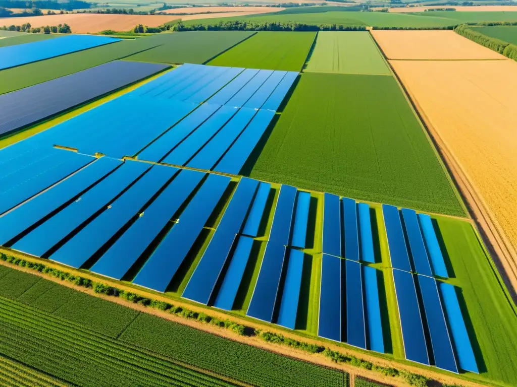 Granja orgánica con paneles solares integrados en el paisaje, contrastando con el cielo azul