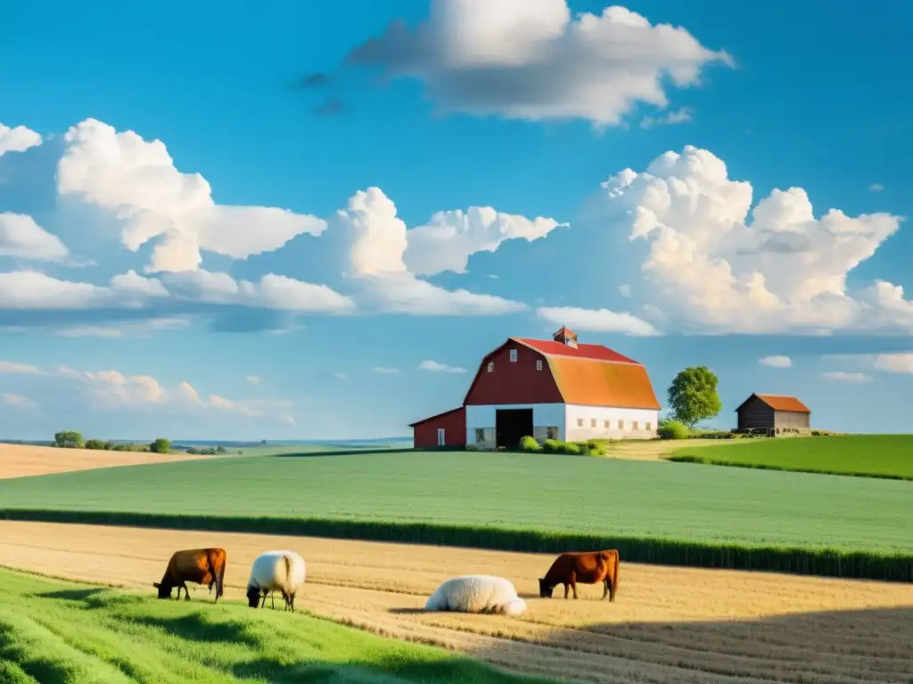 Una granja orgánica pintoresca y serena con campos verdes y animales felices