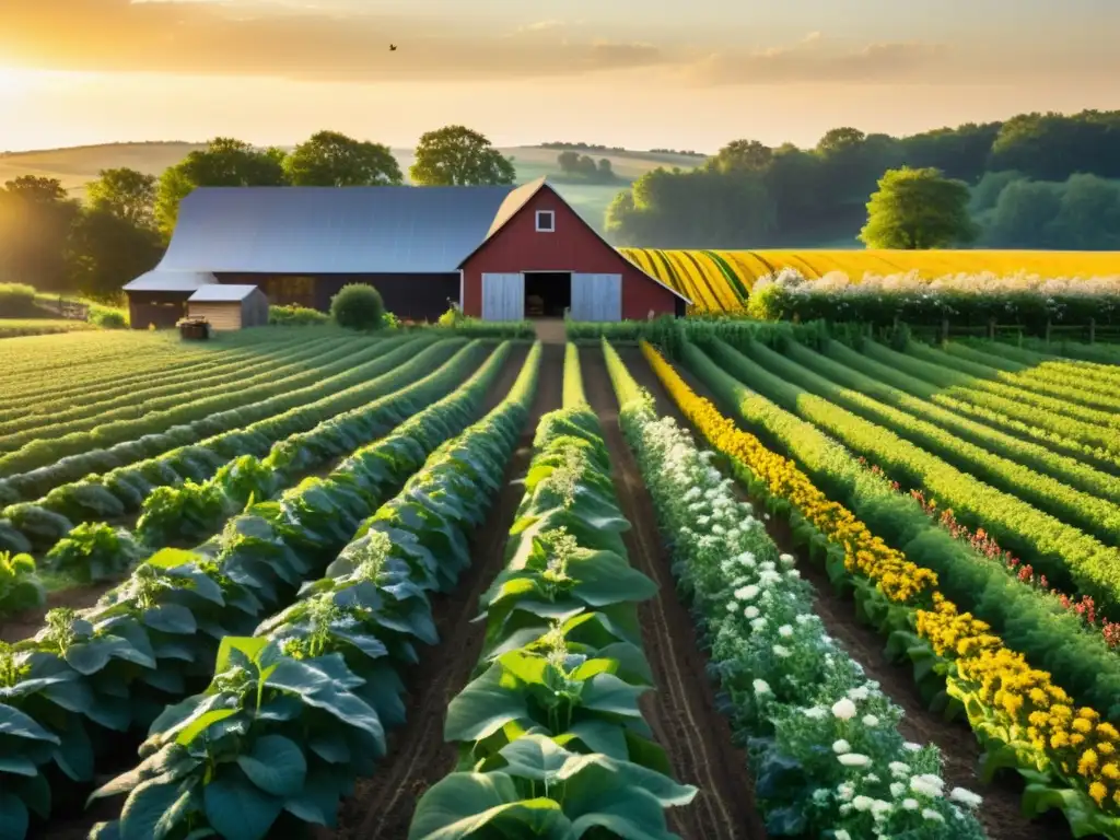 Una granja orgánica próspera y colorida, con cultivos ordenados bañados por la cálida luz del sol