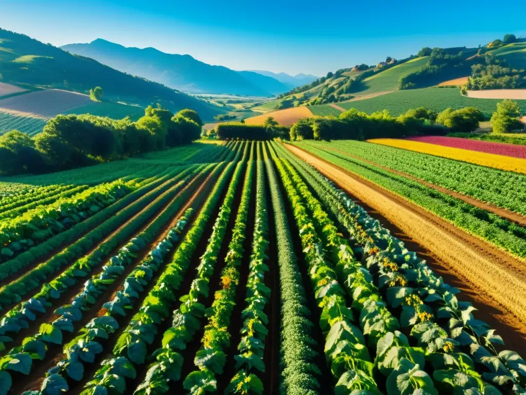 Una granja orgánica próspera y colorida, con cultivos abundantes bajo el sol, ejemplificando la producción sustentable de cultivos orgánicos