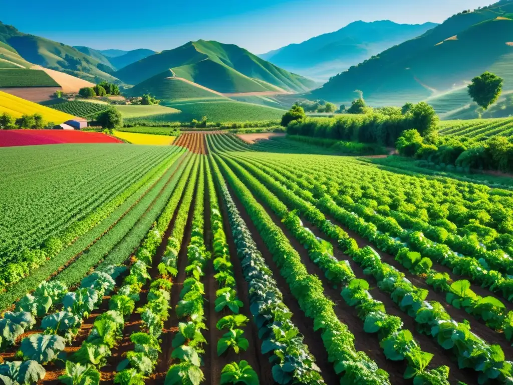 Una granja orgánica próspera y detallada en 8k, con cultivos variados y cuidadosamente organizados, rodeada de colinas onduladas y un cielo brillante