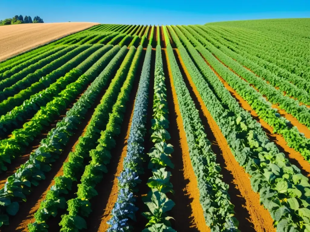 Una granja orgánica próspera y exuberante con cultivos verdes bajo un cielo azul claro