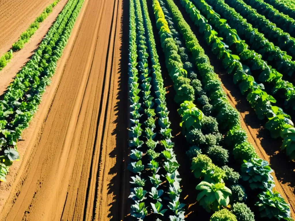 Una granja orgánica próspera y exuberante, con cultivos ordenados que se extienden hasta el horizonte