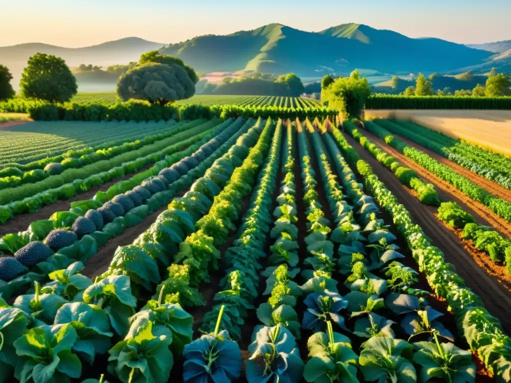 Una granja orgánica rebosante de frutas y verduras coloridas en plena madurez bajo la cálida luz del atardecer