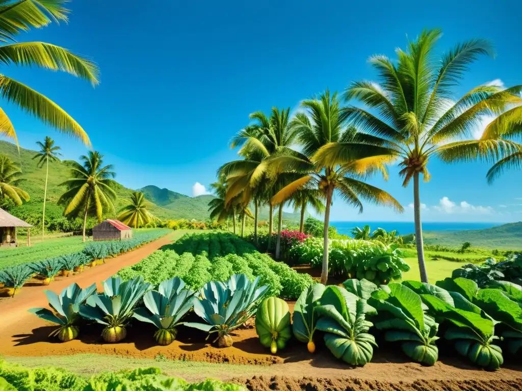 Una granja caribeña orgánica rebosante de frutas y vegetales coloridos, bajo un cielo azul