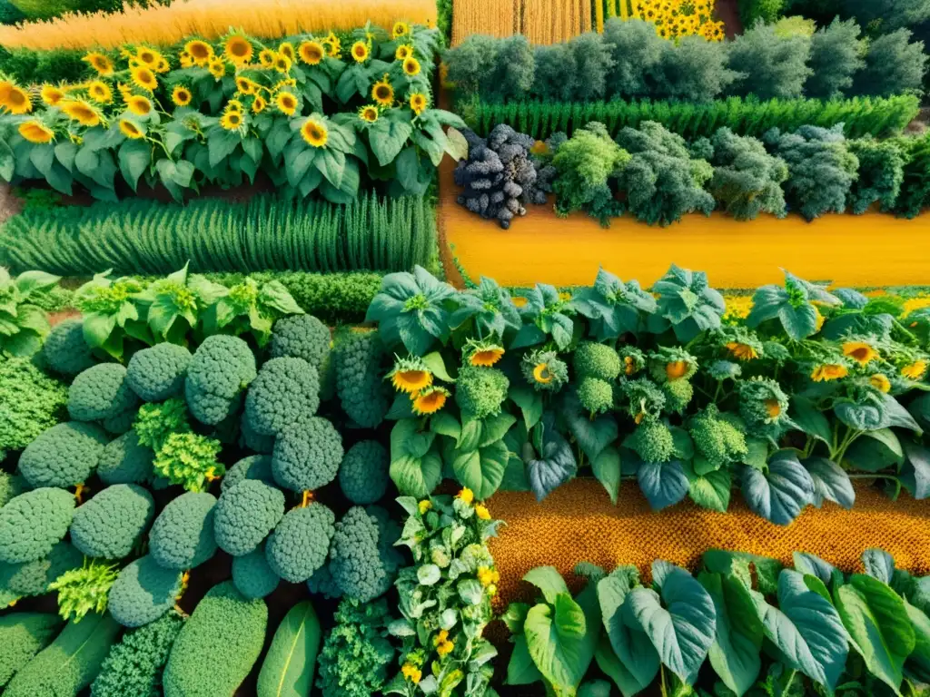 Una granja orgánica rebosante de vida, con una diversidad de frutas, verduras y granos bajo el sol