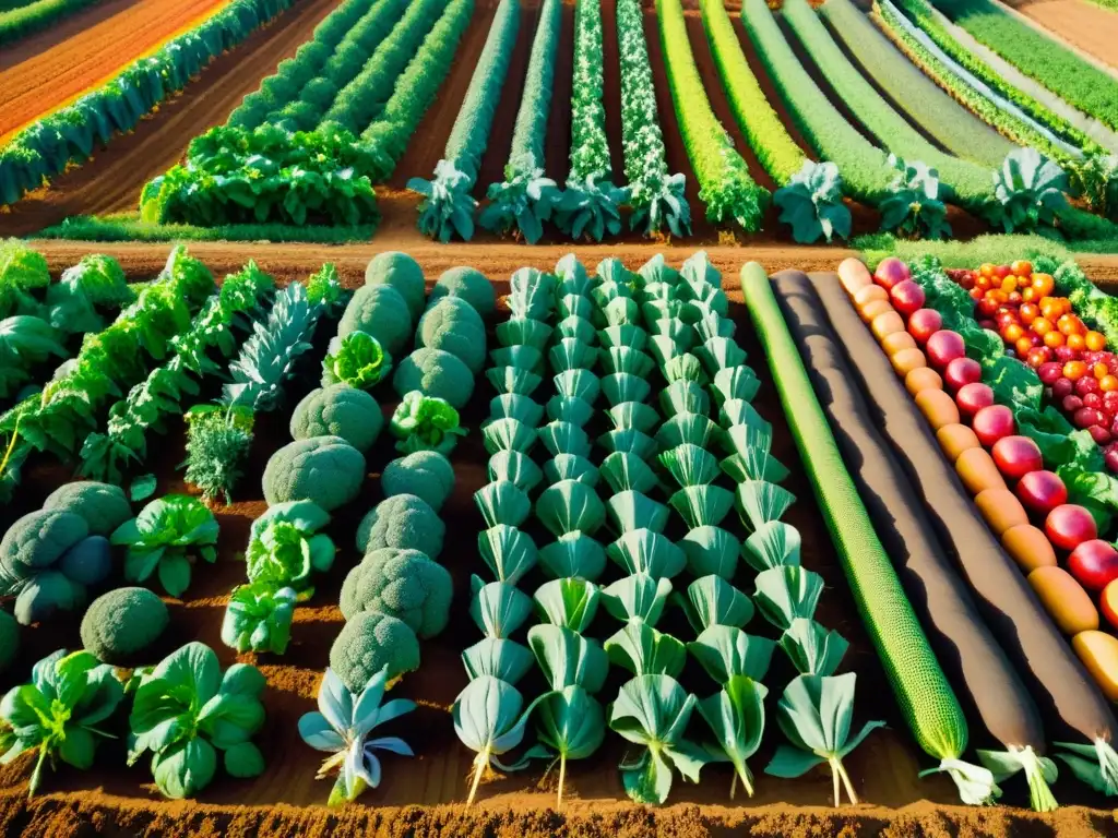 Una granja orgánica rebosante de vida, con hileras de frutas y verduras coloridas bañadas por la cálida luz del sol