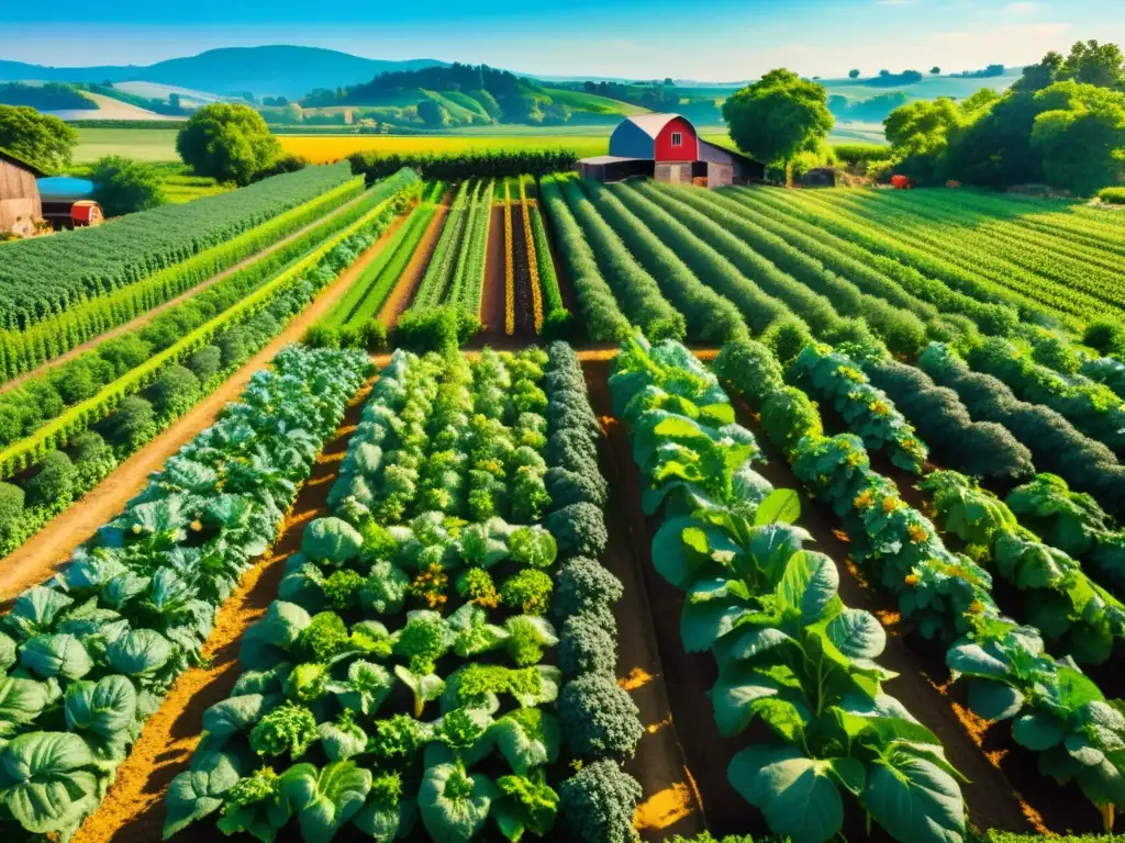 Granja orgánica vibrante: cosecha colorida y vida en abundancia Una granja orgánica rebosante de vida y color, con frutas y verduras vibrantes bañadas por la cálida luz del sol