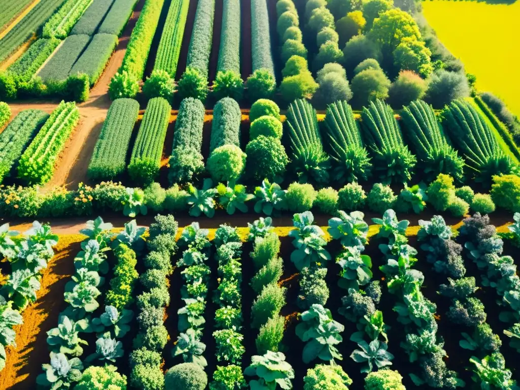 Una granja orgánica serena y abundante con verduras vibrantes y luz cálida