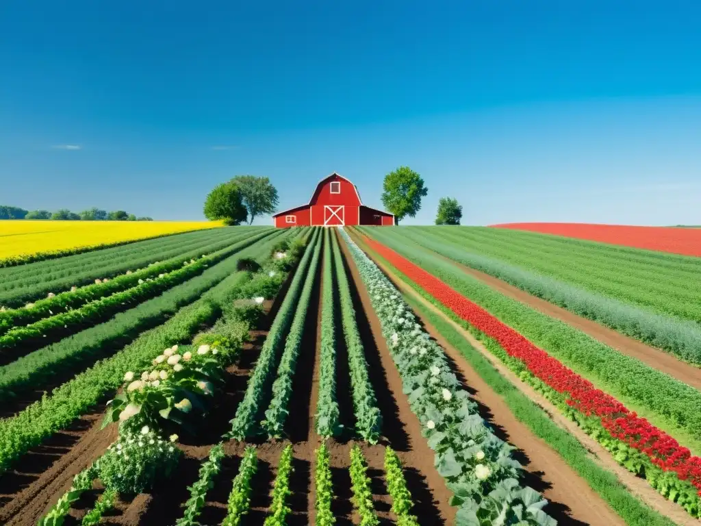 Una granja orgánica serena y armoniosa con cultivos ordenados bajo un cielo azul claro