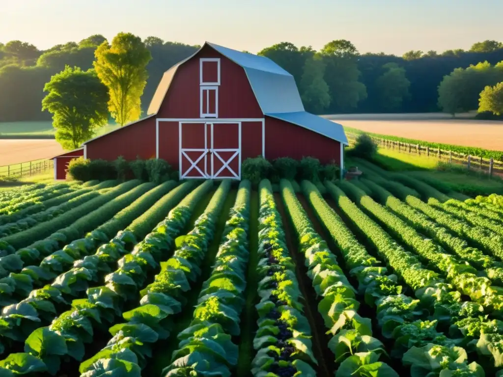 Una granja orgánica serena bañada en luz dorada con una abundancia de verduras y frutas