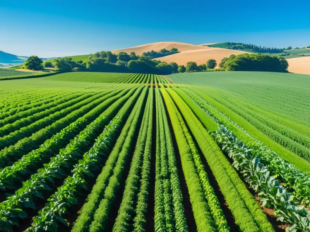 Una granja orgánica serena bajo el cielo azul, con cultivos verdes vibrantes que se extienden hacia el horizonte