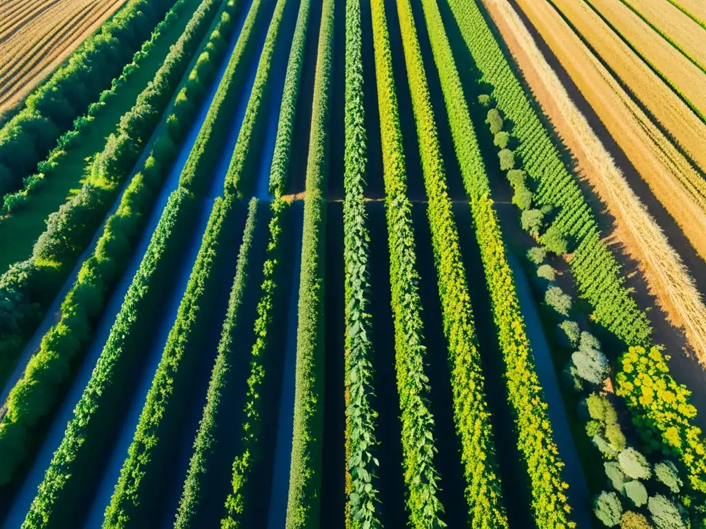 Granja orgánica serena con cultivos vibrantes bajo el sol dorado