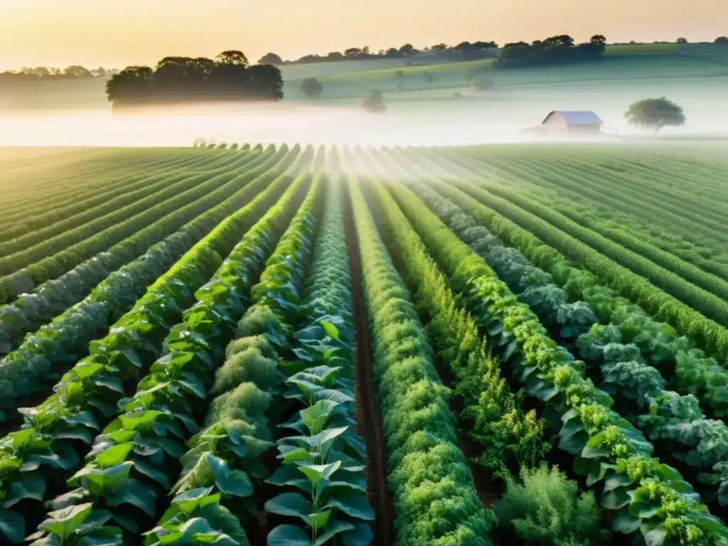 Una granja orgánica serena y próspera, con cultivos verdes y biodiversidad