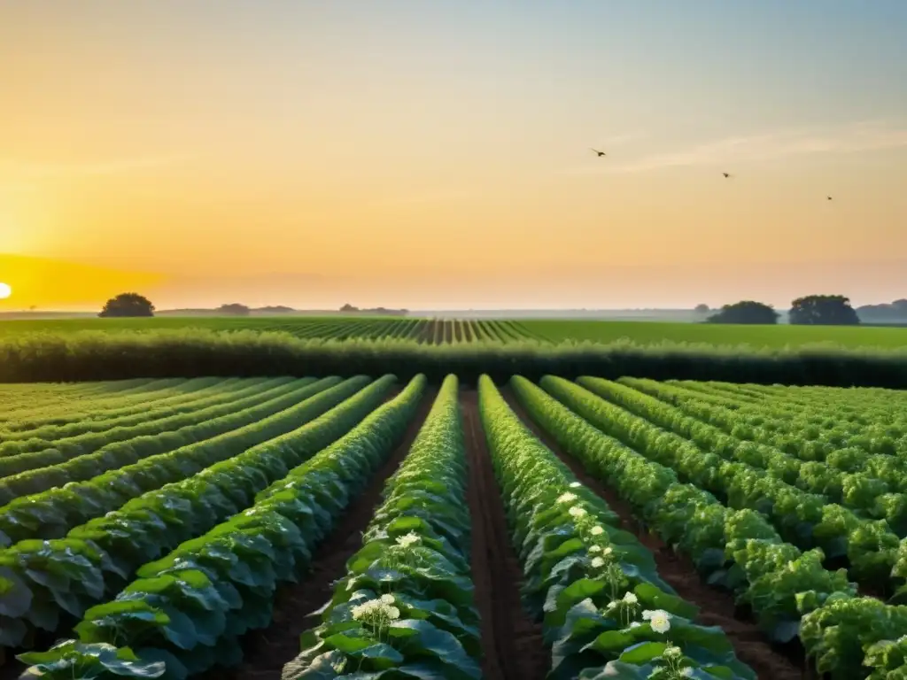 Granja orgánica serena: cultivos verdes y armonía natural Una granja orgánica serena con cultivos verdes en filas, bañada por la cálida luz del sol