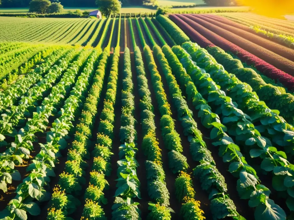 Una granja orgánica serena con cultivos verdes ordenados, luz cálida y armonía natural