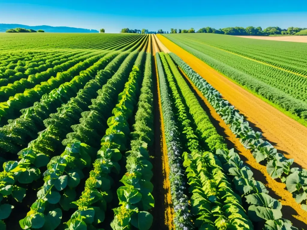 Una granja orgánica serena con cultivos ordenados y verdes vibrantes bajo el cielo azul