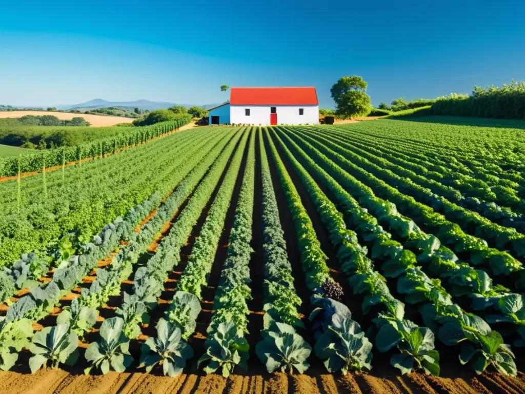 Una granja orgánica serena y exuberante con cultivos ordenados, bañada por la luz del sol