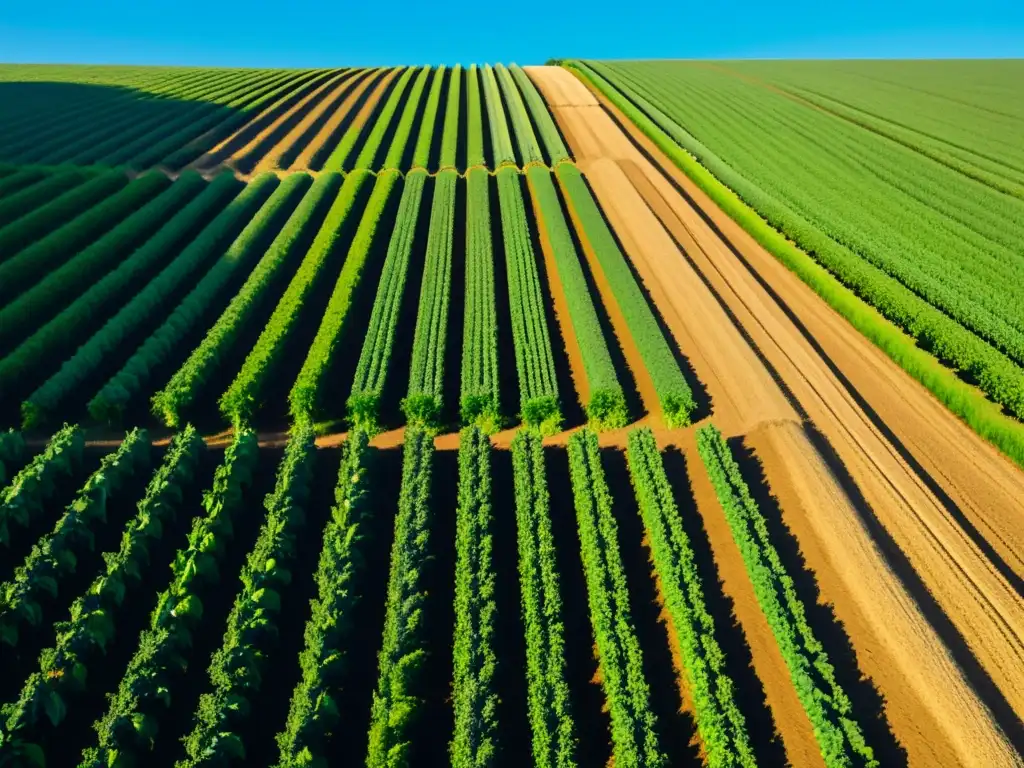 Una granja orgánica serena y sostenible con cultivos ordenados, suelo saludable y cielo azul