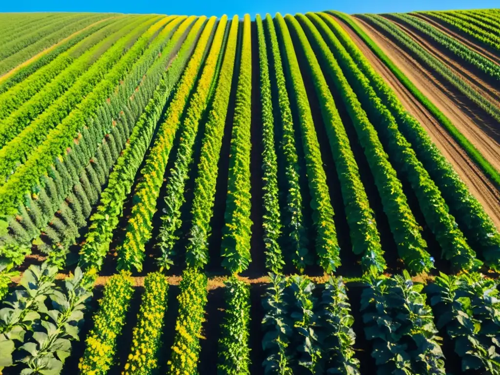 Una granja orgánica serena y vibrante bajo el cielo azul