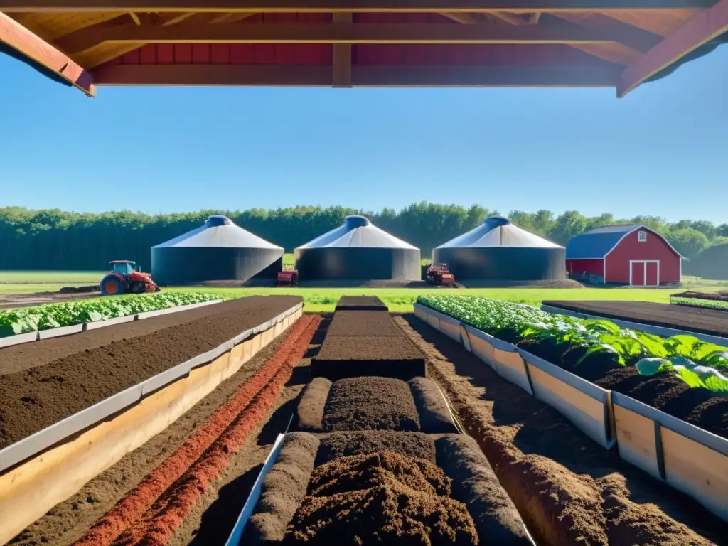 Granja orgánica soleada con técnicas de compostaje, campos verdes y un cielo azul claro