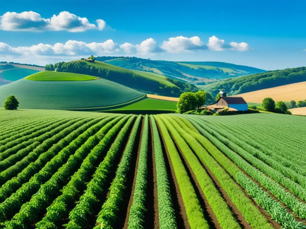 Una granja orgánica sostenible con cultivos verdes y paisaje idílico