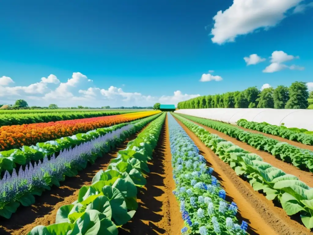 Granja orgánica sostenible con cultivos ordenados, cielo azul brillante y abejas revoloteando alrededor de flores coloridas