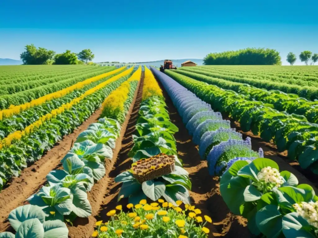 Granja orgánica sostenible con cultivos ordenados bajo un cielo azul