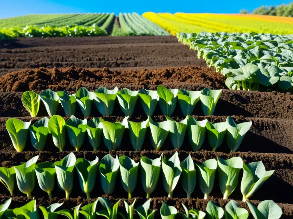 Granja orgánica con técnicas de compostaje, tierra fértil y cultivos vibrantes bajo el cielo azul