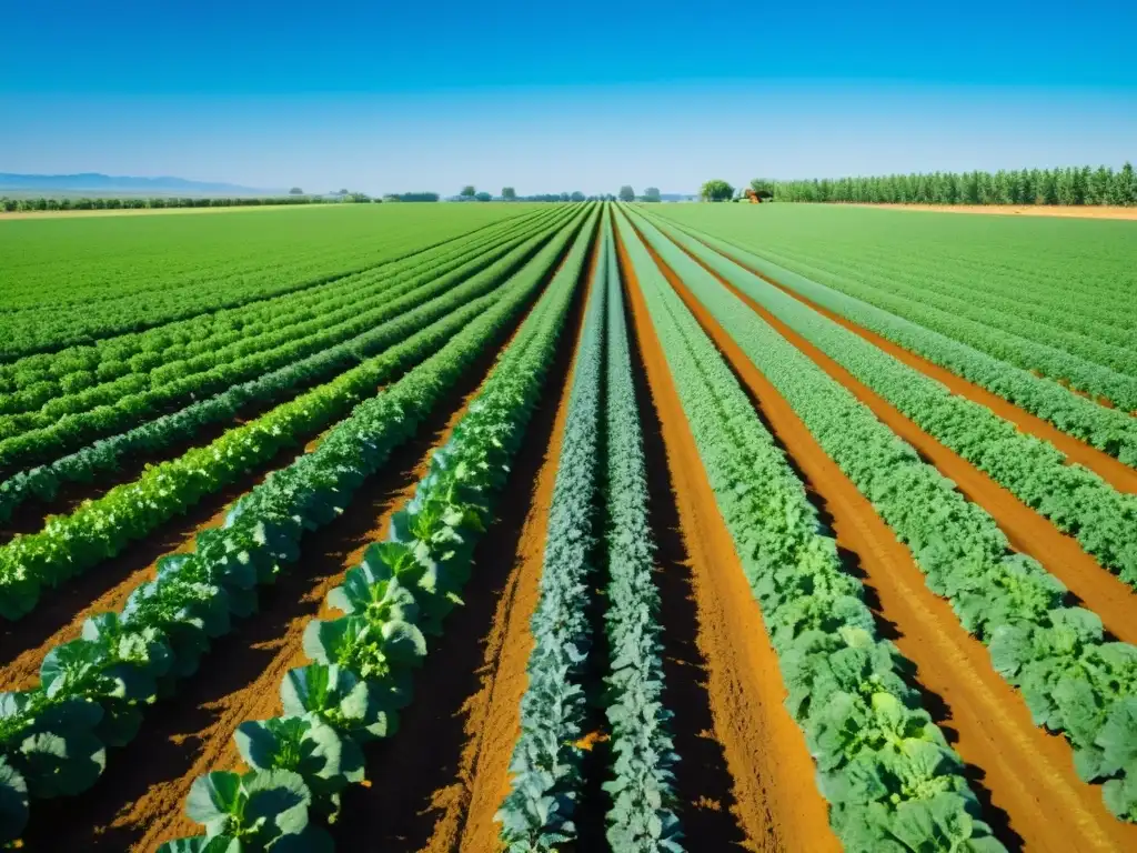 Granja orgánica con tecnología vanguardia: cultivos vibrantes bajo cielo azul