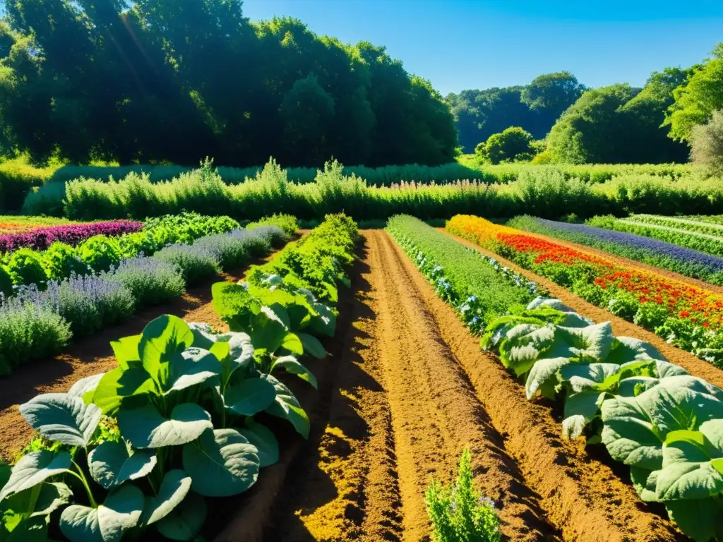 Granja orgánica con vegetales coloridos, vida insecto y biodiversidad, mostrando beneficios dietas basadas plantas orgánicas