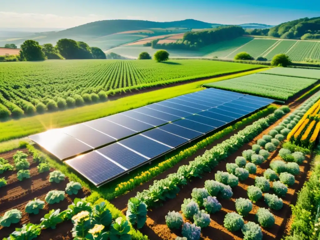 Granja orgánica verde con cultivos ordenados, paneles solares discretos, abejas entre flores y armonía natural