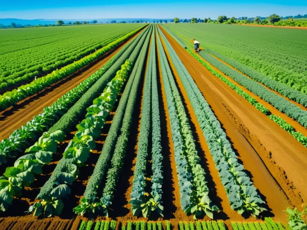 Una granja orgánica verde exuberante con cultivos ordenados bajo un cielo azul