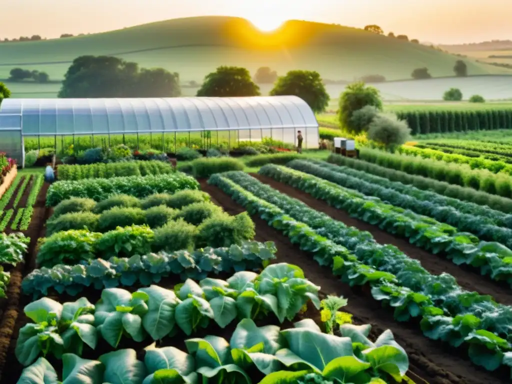 Una granja orgánica verde exuberante con hileras de vegetales, frutas y hierbas bajo el cálido sol