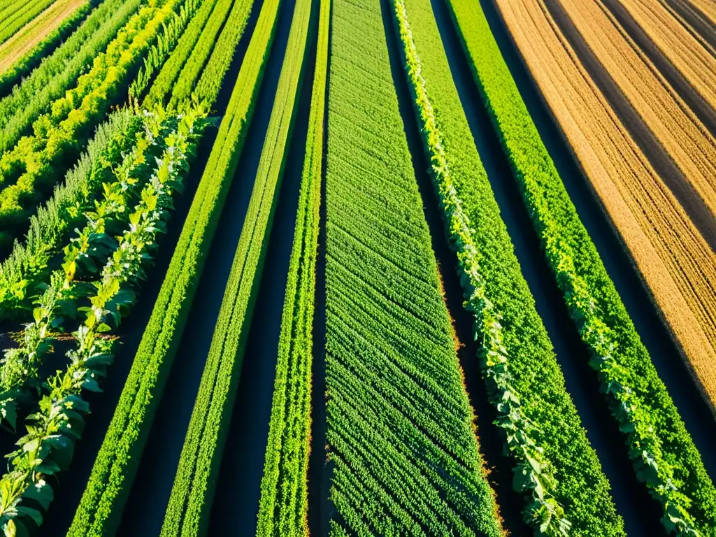 Una granja orgánica vibrante muestra los beneficios de las tecnologías limpias en la agricultura, con cultivos saludables y suelo fértil