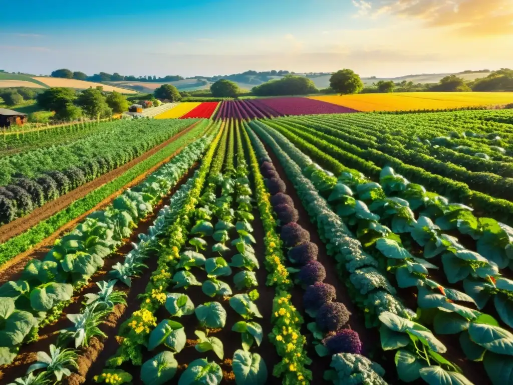 Una granja orgánica vibrante con cultivos coloridos, abejas y un cielo azul