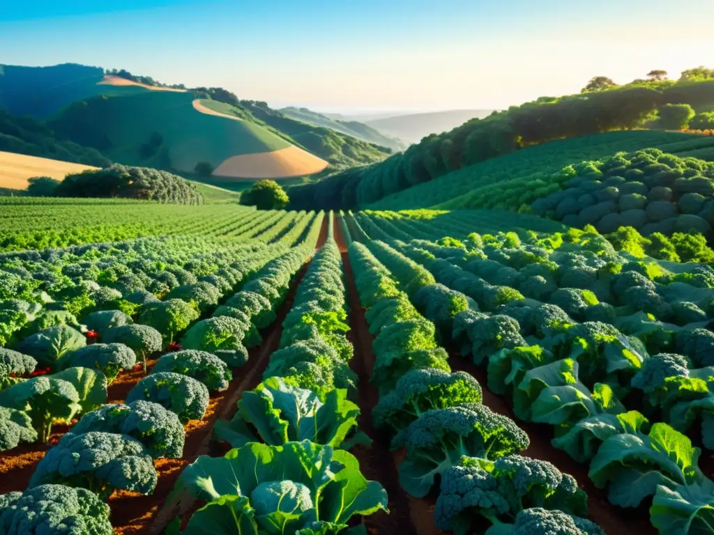 Una granja orgánica vibrante con cultivos de superalimentos certificados, bañados por la luz dorada y rodeados de colinas y cielos azules