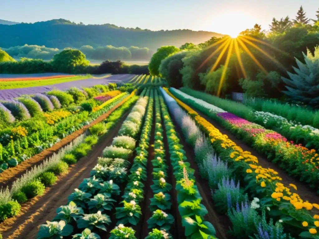 Una granja orgánica próspera y vibrante con cultivos coloridos, rodeada de biodiversidad