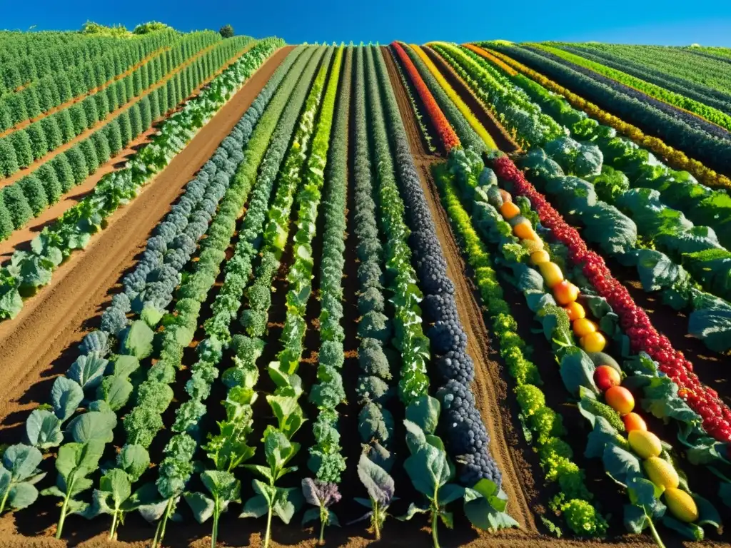 Una granja orgánica vibrante y diversa, con frutas y verduras coloridas bajo un cielo azul claro