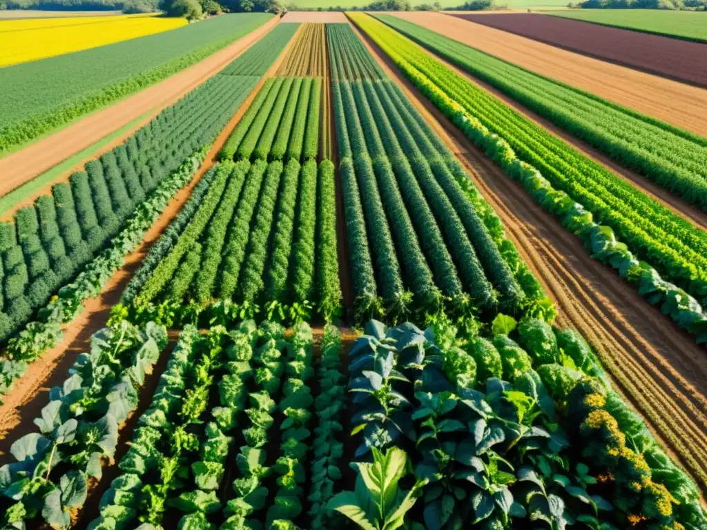 Una granja orgánica vibrante y diversa con cultivos coloridos que se extienden hacia el horizonte