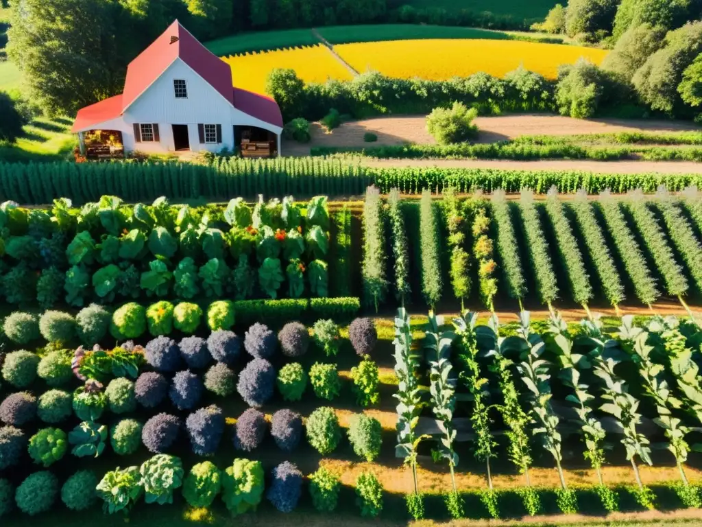 Una granja orgánica vibrante y diversa con frutas y verduras coloridas resplandeciendo al sol