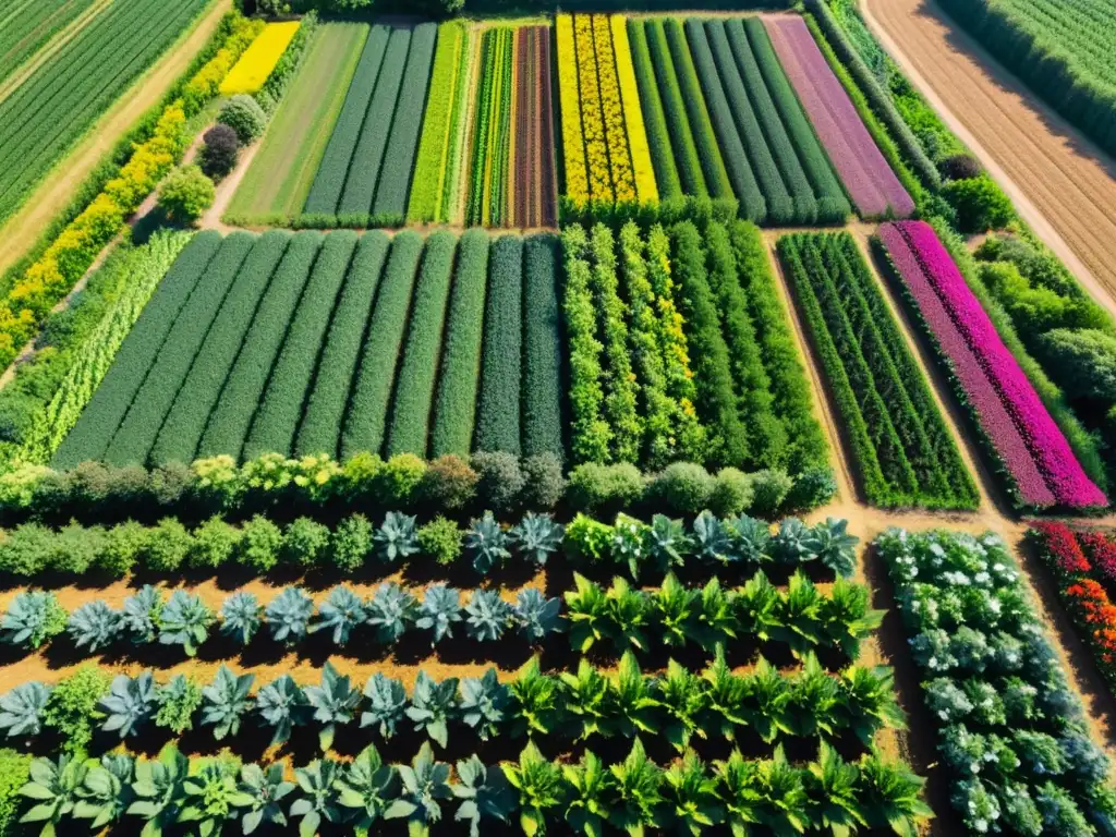 Una granja orgánica vibrante muestra una diversidad de plantas y vida silvestre, creando un paisaje lleno de biodiversidad