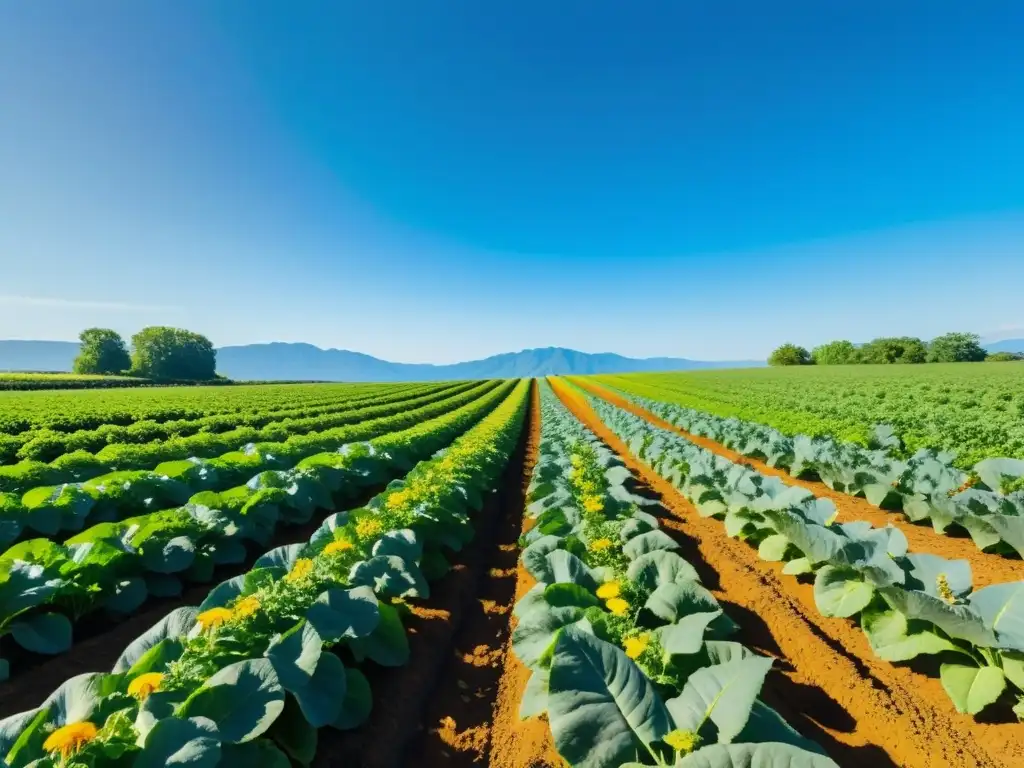 Una granja orgánica vibrante y exuberante, con cultivos coloridos bajo el sol y un ambiente de abundancia y sostenibilidad