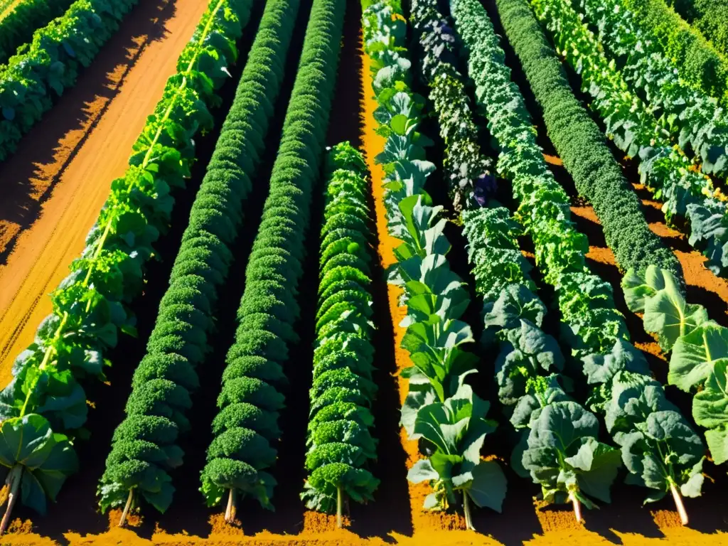 Una granja orgánica vibrante y exuberante, llena de vegetales coloridos bañados por la luz dorada del sol