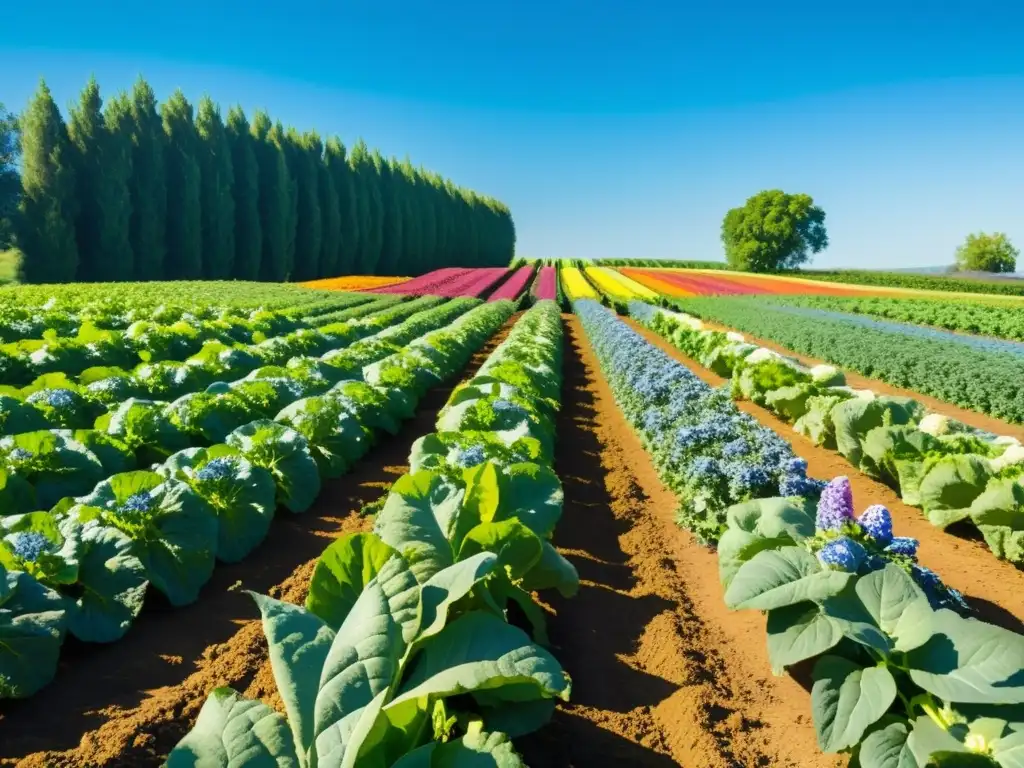 Una granja orgánica vibrante y exuberante con hileras de vegetales coloridos bajo un cielo azul claro