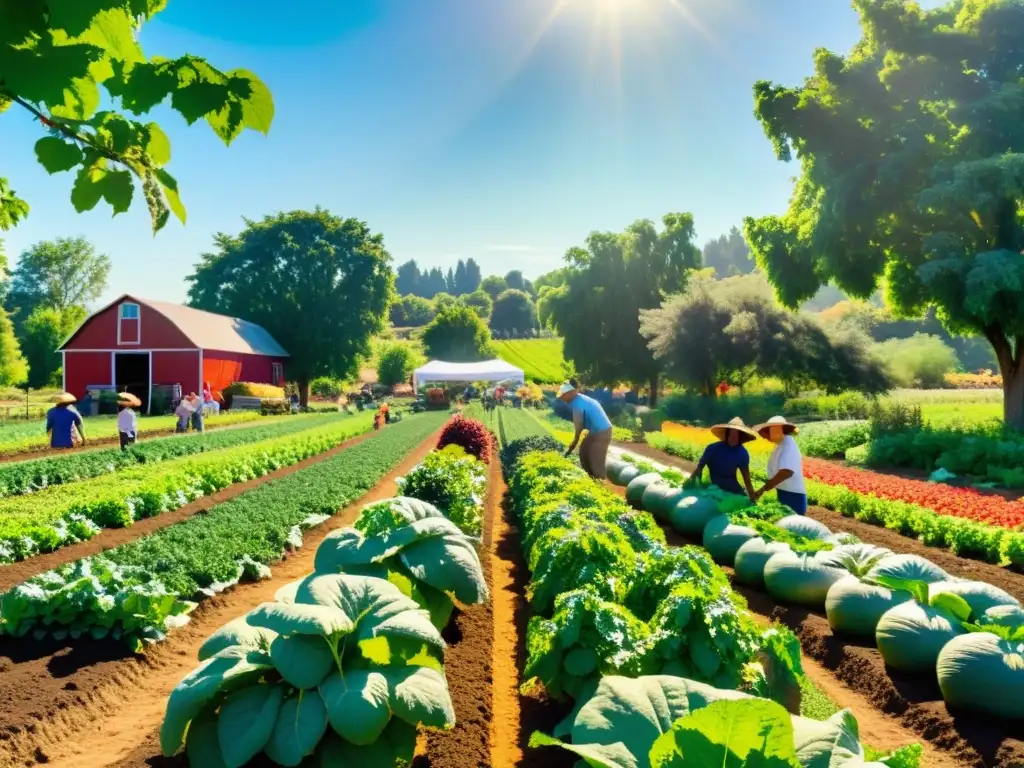 Una granja orgánica vibrante y exuberante, con frutas y verduras coloridas, rodeada de árboles y flores nativas