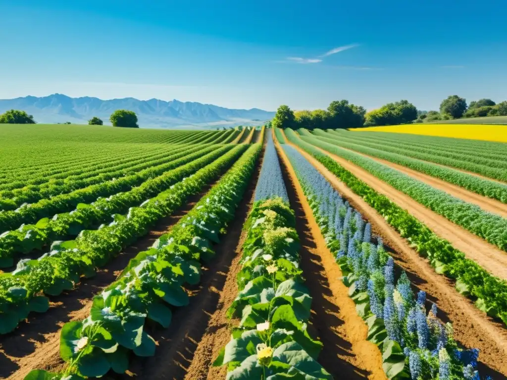 Una granja orgánica vibrante y serena con cosechas verdes bajo el cielo azul