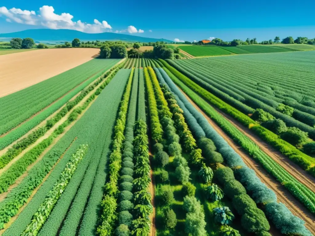 Una granja orgánica vibrante y soleada con campos verdes y cultivos coloridos, bajo un cielo azul