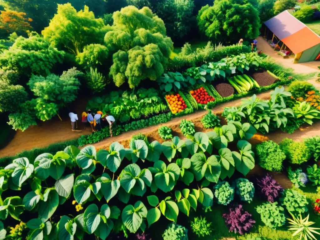 Granja de permacultura: diversidad verde en armonía Una granja de permacultura muestra la abundancia natural
